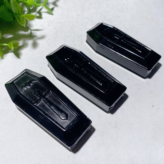 2.7" Black Obsidian Coffin Carvings for Halloween Crystal Healing Bulk Wholesale