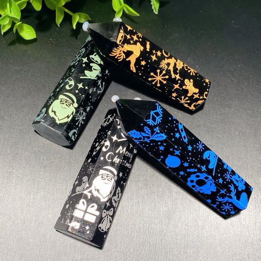 3.3"-4.0" Black Obsidian Point with Christmas Printing Crystal Healing Bulk Wholesale