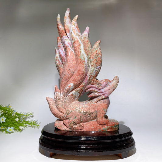 30cm Large Unique Ocean Jasper Nine-tails Fox Carving with Wooden Stand Crystal Healing Bulk Wholesale
