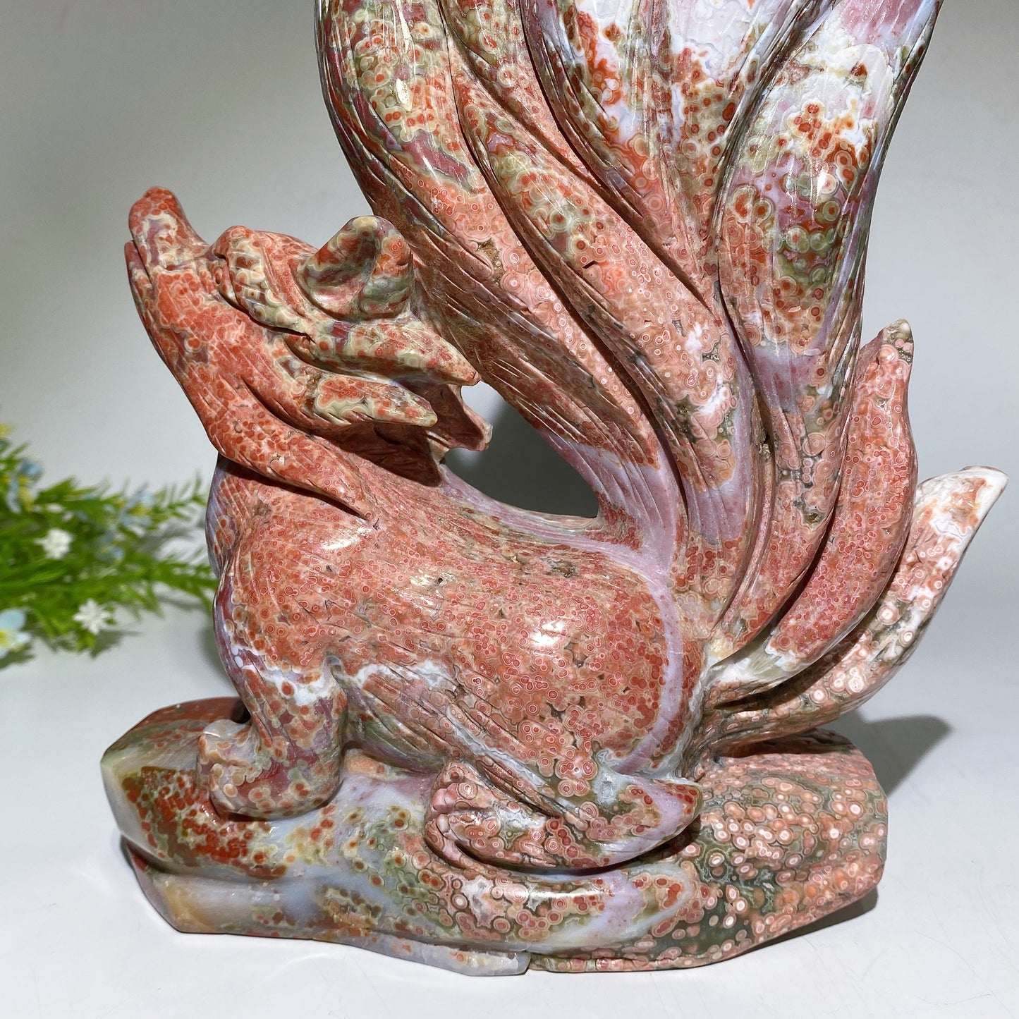 30cm Large Unique Ocean Jasper Nine-tails Fox Carving with Wooden Stand Crystal Healing Bulk Wholesale