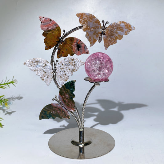 Silver Stand with Ocean Jasper Butterfly Carvings Decor Crystal Healing Bulk Wholesale