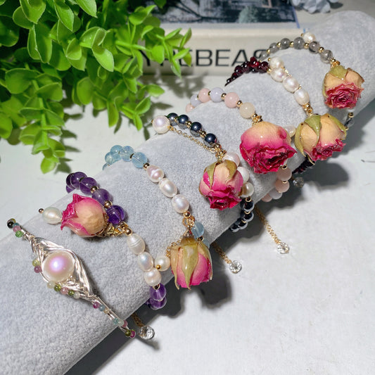Mixed Crystal Pearl Rose Flower Adjustable Bracelet Crystal Healing Bulk Wholesale