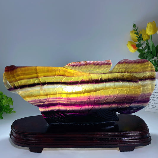 Large Unique Yellow Fluorite Arowana Carving with Stand Crystal Healing
