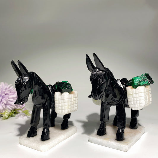 4.0" Black Obsidian White Jade with Emeral Donkey Carving Crystal Healing Bulk Wholesale