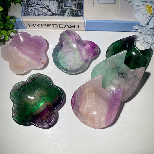 3.0"-3.5" Fluorite Cat Mickey Flower Shape Bowl Carvings Crystal Healing Bulk Wholesale