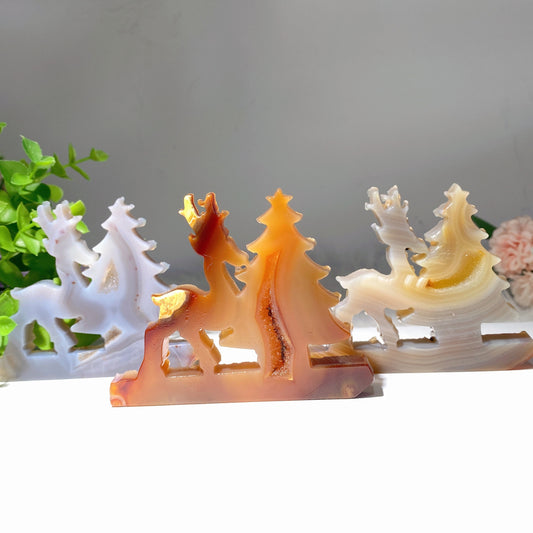 3.5" Druzy Agate Deer & Christmas Tree Carvings For Christmas Decor Crystal Healing Bulk Wholesale