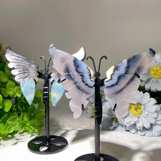 3.5" Black Agate Trolliete Butterfly Wings Carving with Stand Crystal Healing Bulk Wholesale