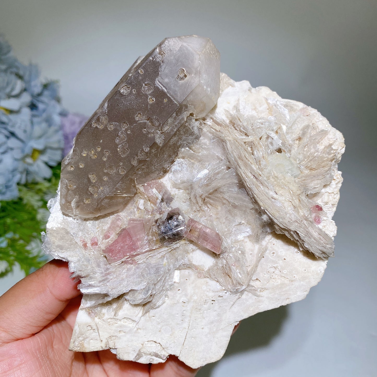 Unique Pink Tourmaline & Smoky Quartz with Mica Grow in Feldspar Specimen with Stand Crystal Healing