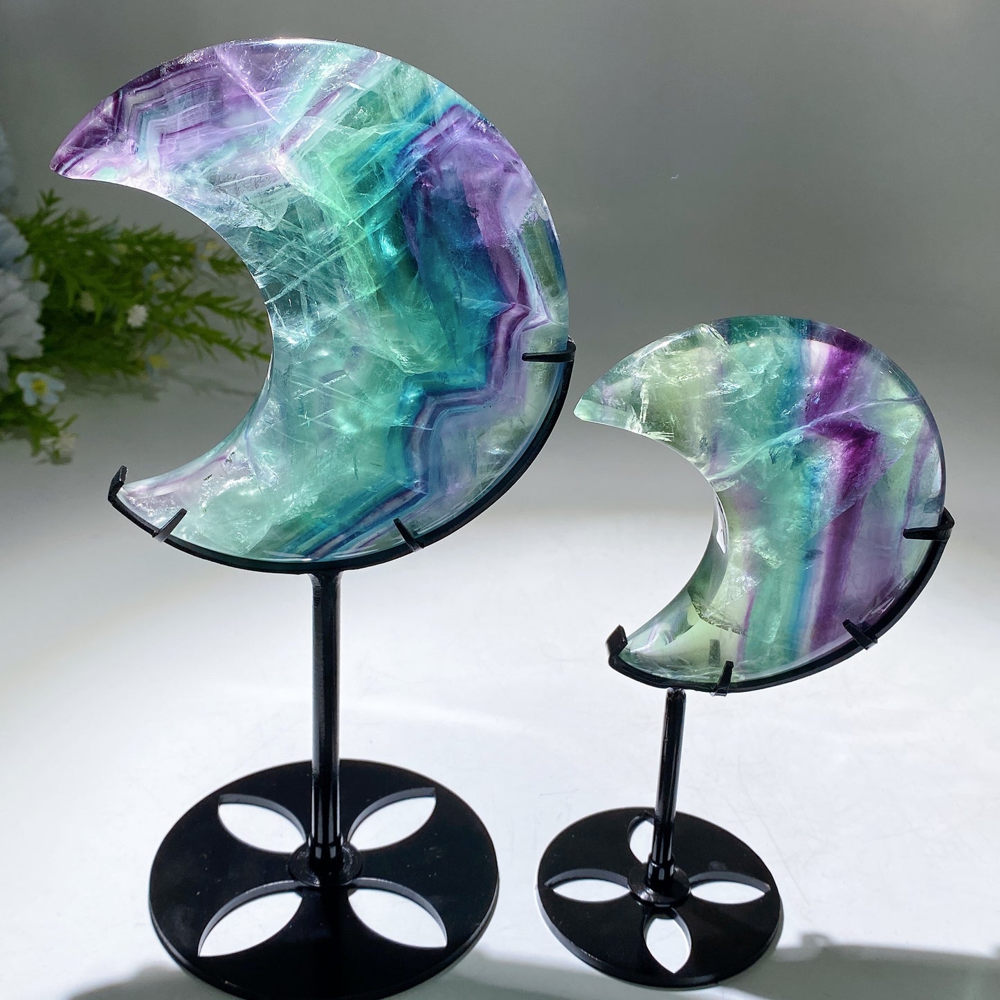 Unique Hand Carved Rainbow Fluorite Moon with Stand Crystal Healing Bulk Wholesale