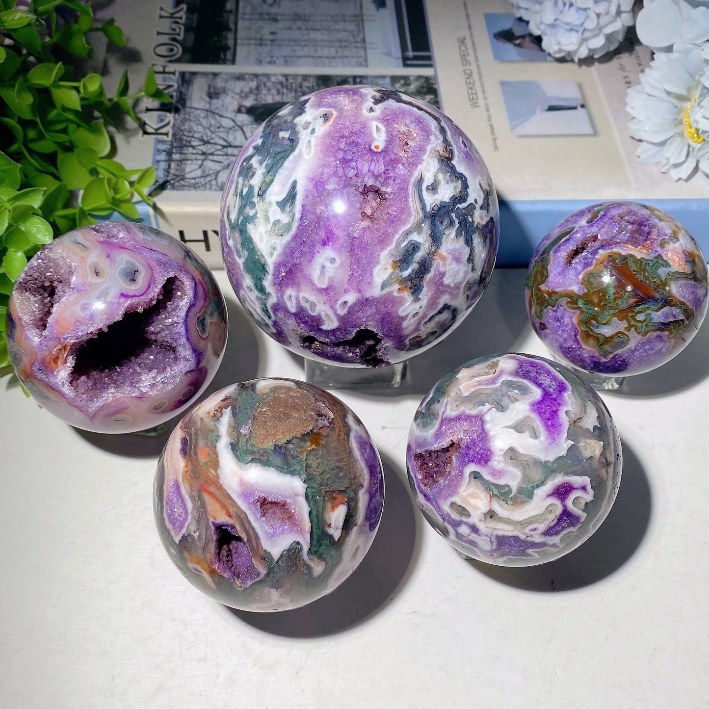 2.2"-4.0" Purple Moss Agate Sphere Crystal Healing Bulk Wholesale