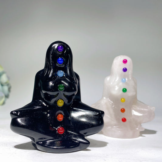 3.1" Black Obsidian Rose Quartz Meditation Lady Carvings Crystal Healing Bulk Wholesale