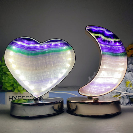 Moss Agate Fluorite Heart Moon Shape Lamp with USB Free Form Crystal Healing Bulk Wholesale