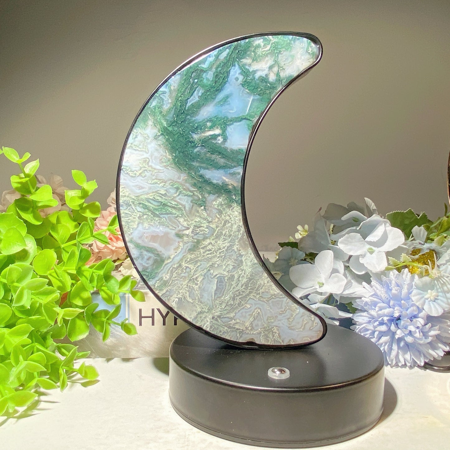 Moss Agate Fluorite Heart Moon Shape Lamp with USB Free Form Crystal Healing Bulk Wholesale