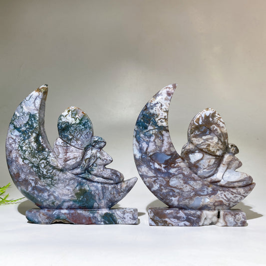 15cm Moss Agate Fairy on Moon Carving Crystal Healing Bulk Wholesale