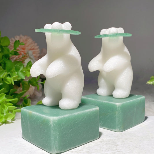 4.4" White Jade Polar Bear with Green Aventurine Base Carvings Crystal Healing Bulk Wholesale