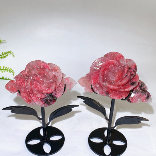 Natrual Sakura Rhodonite Peony Flower Carving with Stand Crystal Healing Bulk Wholesale
