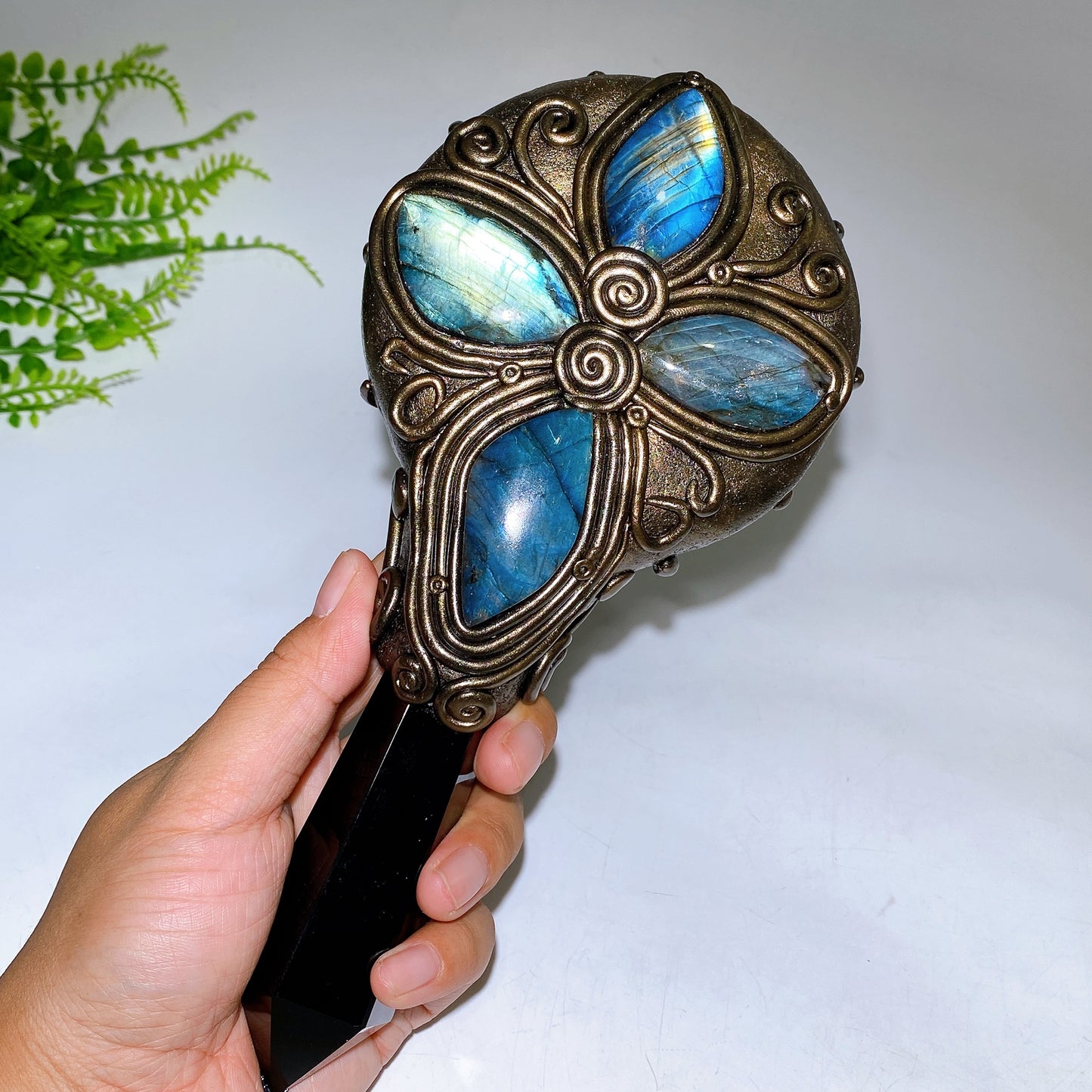 Natrual Black Obsidian Mirror wtih Point Handle Labradorite Decor Crystal Healing Bulk Wholesale