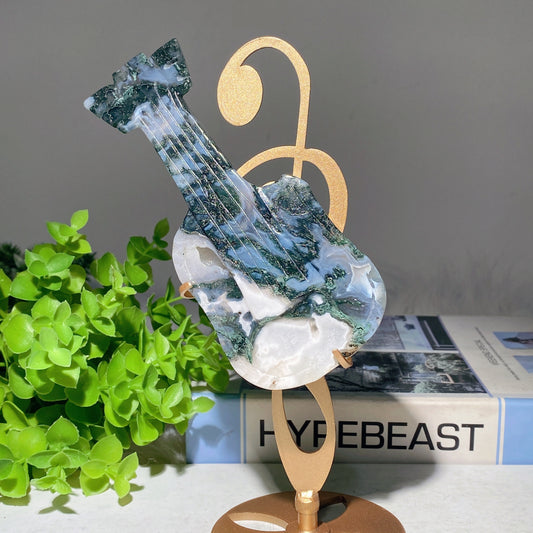 20cm Moss Agate Guitar Carvings with Stand Crystal Healing Bulk Wholesale