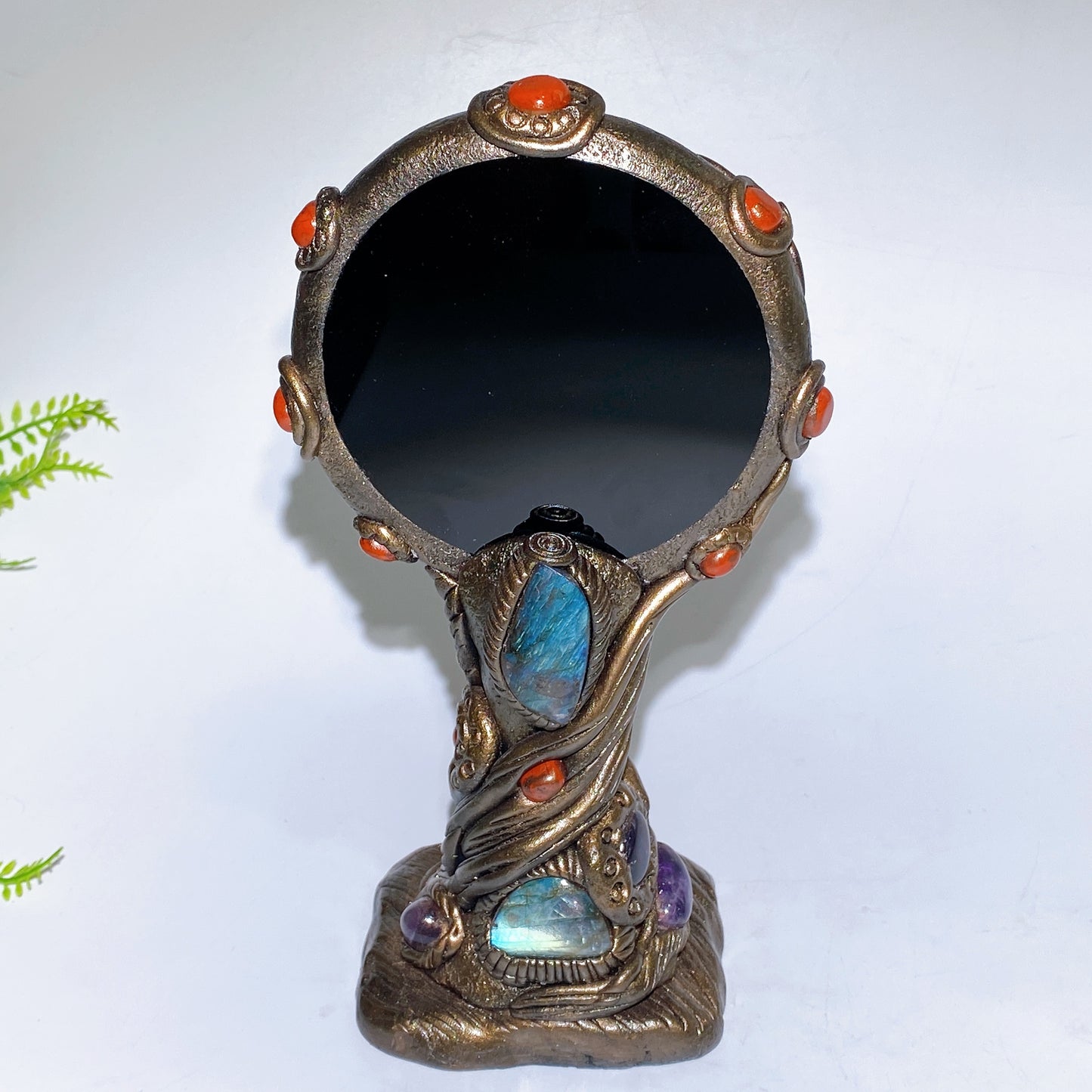 23cm Natural Black Obsidian Magic Mirror with Resin Handle Crystal Healing Bulk Wholesale