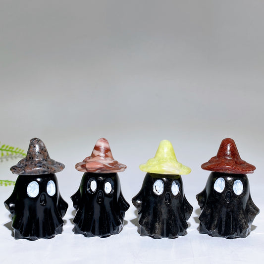2.2" Natural Obsidian Ghost with Witch's Hat Halloween Carving Crystal Healing Bulk Wholesale