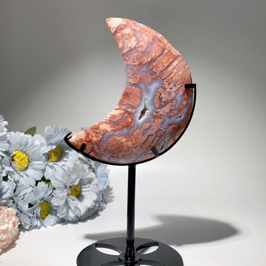 22.5cm Unique Pink Flower Agate Moon with Stanf Crystal Healing Bulk Wholesale