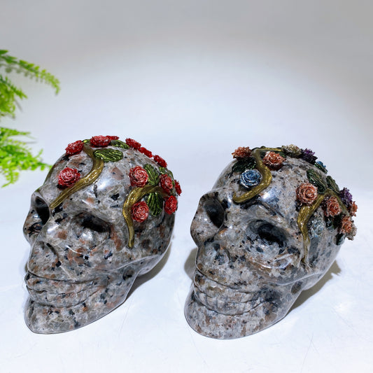 3.4"-3.8" Yooperlite Black Obsidian Skull with Rose Flower Decor Carving Crystal Healing Bulk Wholesale