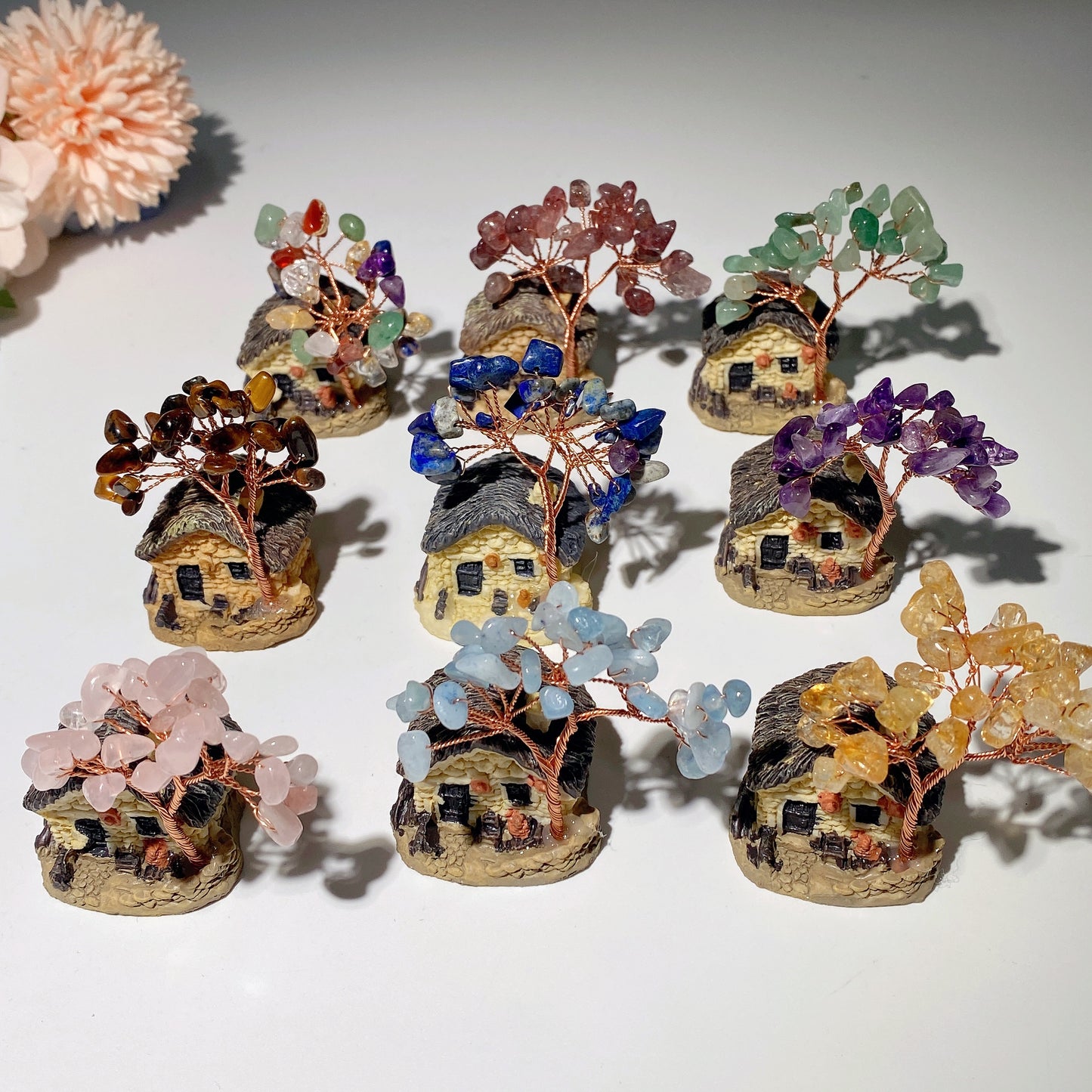 2.3" Resin House with Mixed Crystal Chips Treasure Tree Decor Free Form Crystal Healing Bulk Wholesale