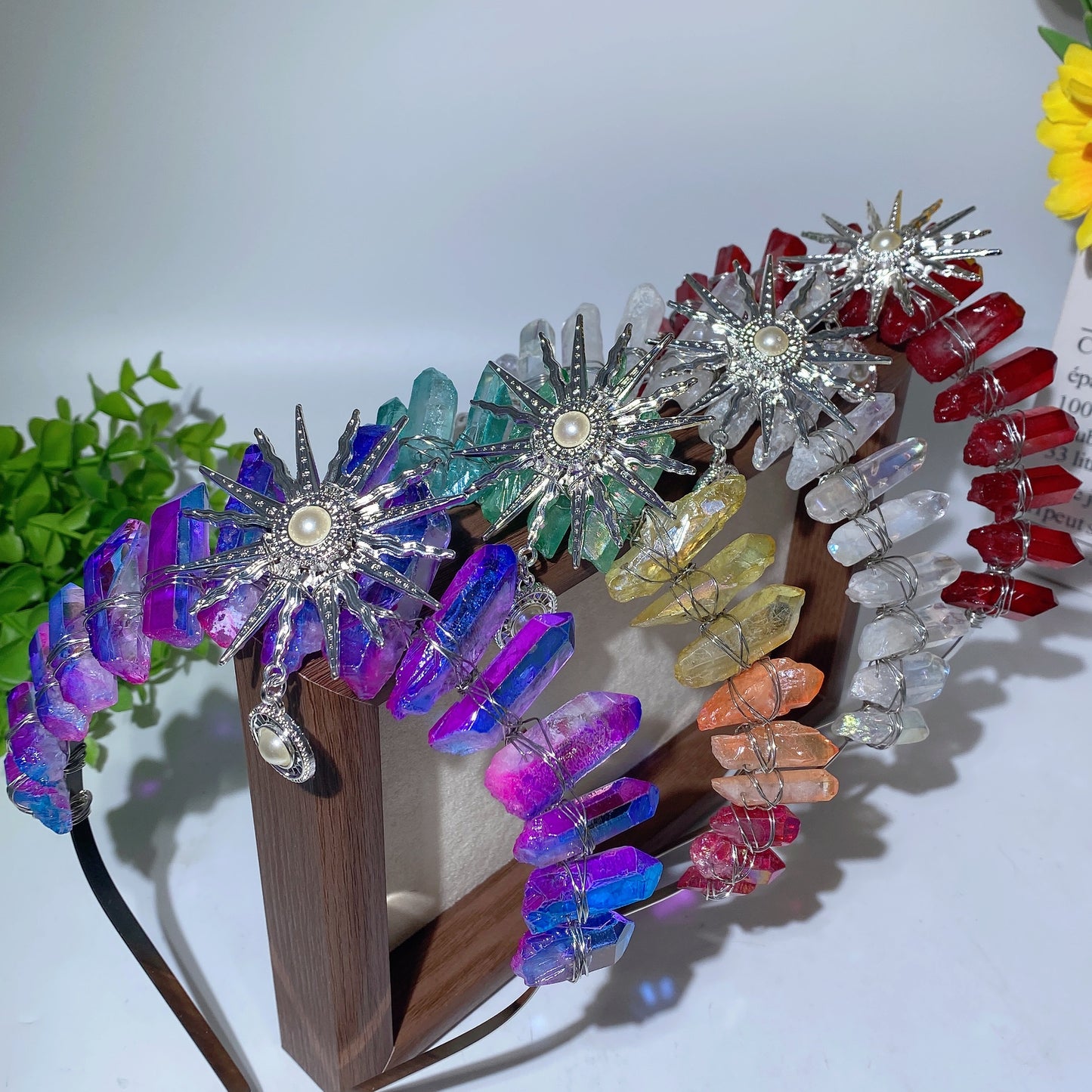 Mixed Aura Crystal Crown with Pearl Sun Decor Crystal Healing Bulk Wholesale