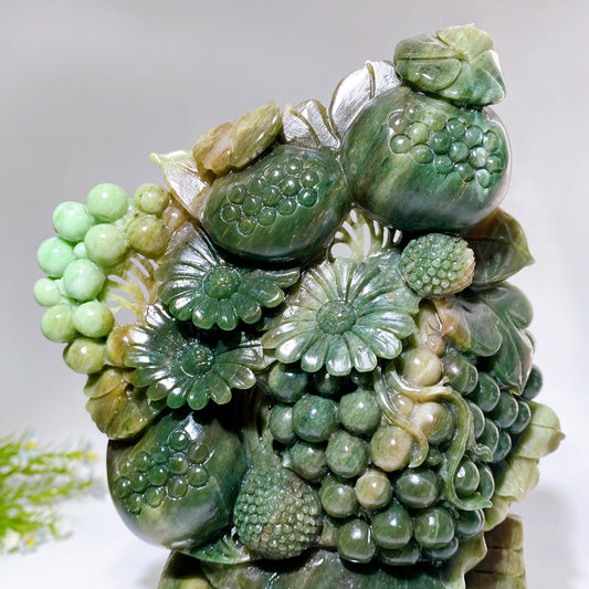 22cm Hand Carved Natural Green Jade Pomegranate Grapes with Wooden Stand Cryrstal Healing Bulk Wholesale