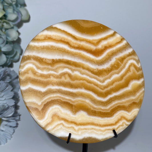 4.6" Banded Orange Calcite Round Plate with Stand Crystal Healing Bulk Wholesale