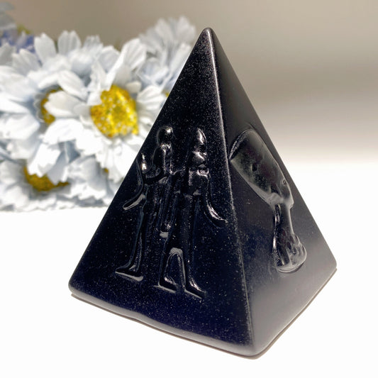 3.0" Black Obsidian Pyramid with Egypt Pattern Carvings Crystal Healing Bulk Wholesale