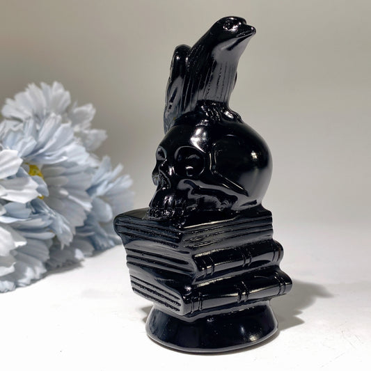 4.0" Black Obsidian Skull with Book Raven Decor Carvings Crystal Healing Bulk Wholesale
