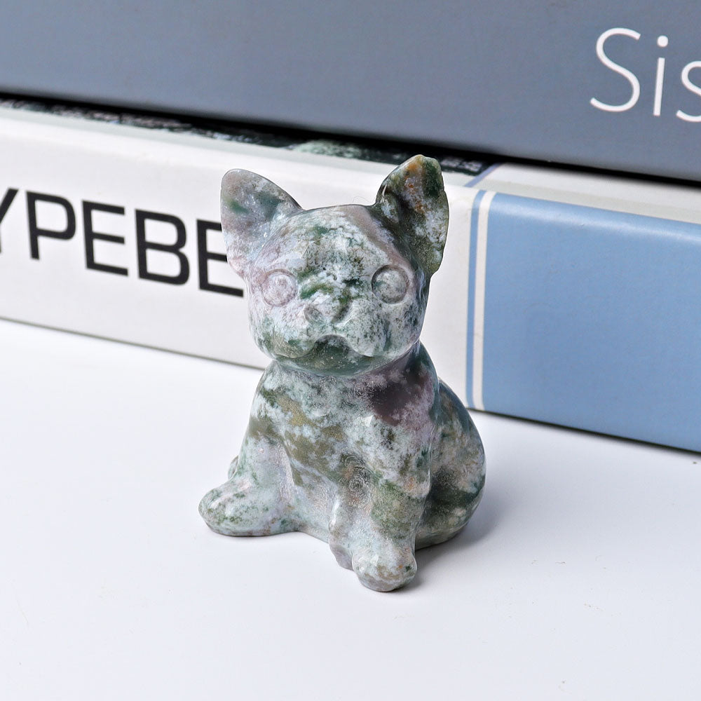 2.3" Moss Agate Bull Dog Crystal Carvings