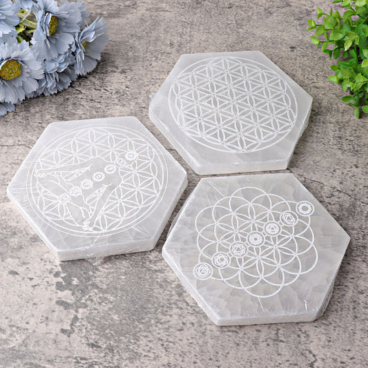 6" Hexagon Selenite Coaster with Printing Selenite Crystal Charging Plate