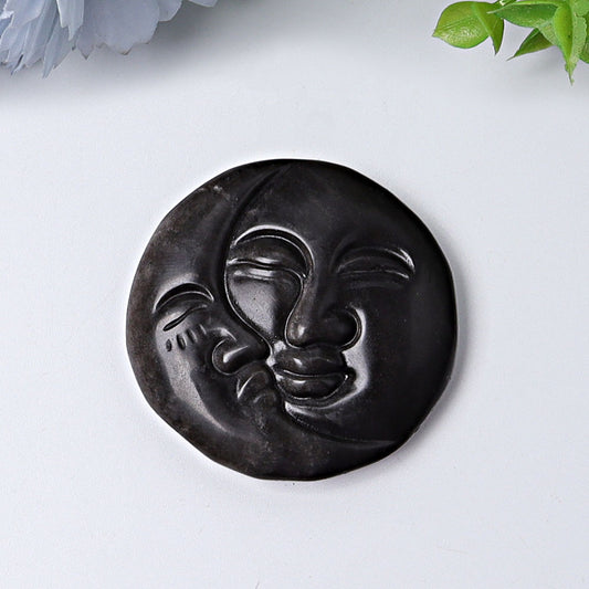 1.8" Silver Obsidian Sun Moon Crystal Carving