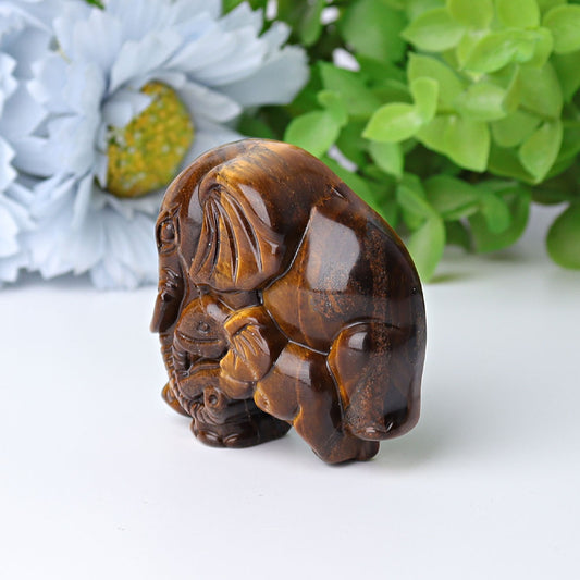 1.8" Yellow Tiger's Eye Elephant Baby & Mother Crystal Carvings