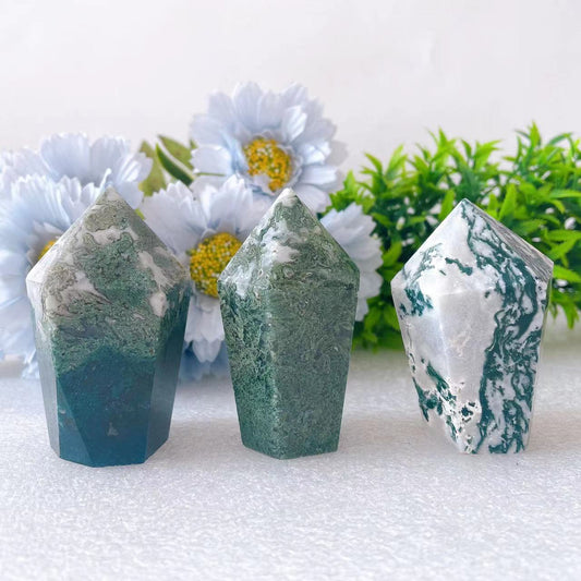 2.5"-2.8" Moss Agate Hexagonal Crystal Point