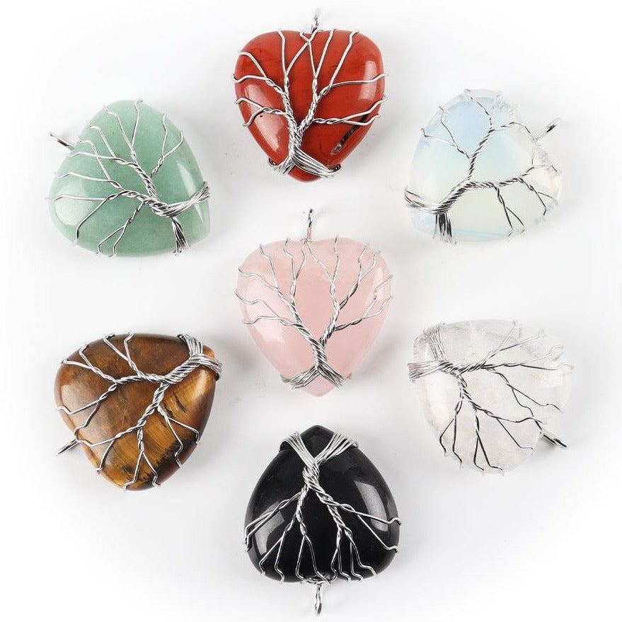 Tree of Life Rock Quartz Heart Wire Wrapped Necklace 