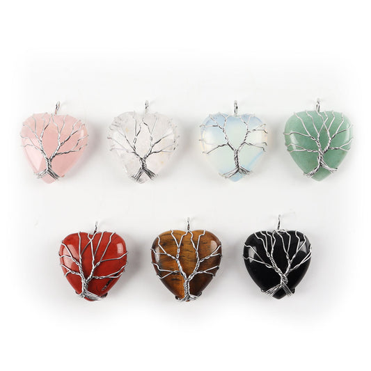 Silver Tree Of Life Wire Wrapped Heart Shape Stone Pendant