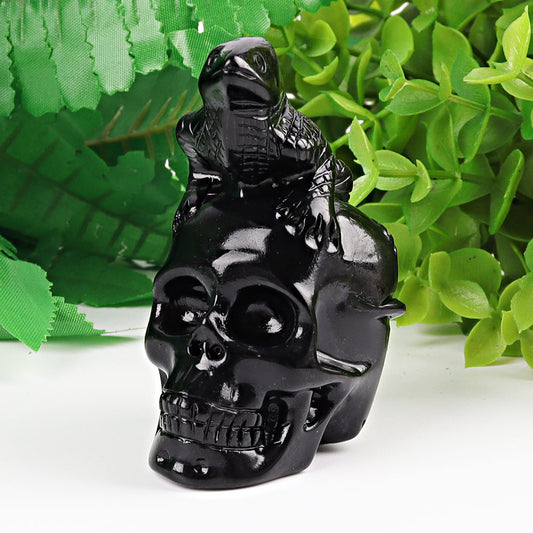 2.8" Black Obsidian Skull with Lizard Decoration Carvings
