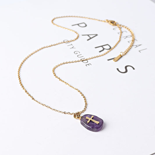 Amethyst Peach Aventurine with Golden Cross Decor Necklace