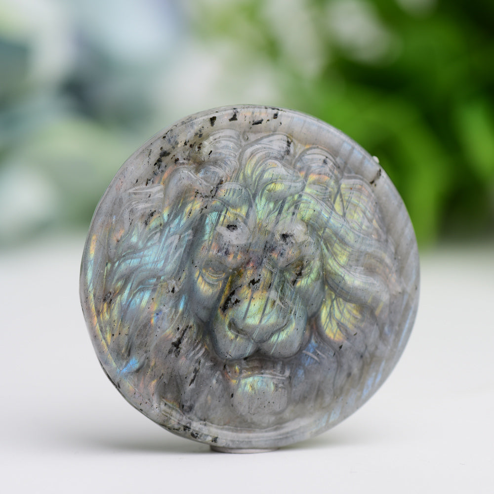 1.9" Labradorite Slab with Lion Crystal Carving