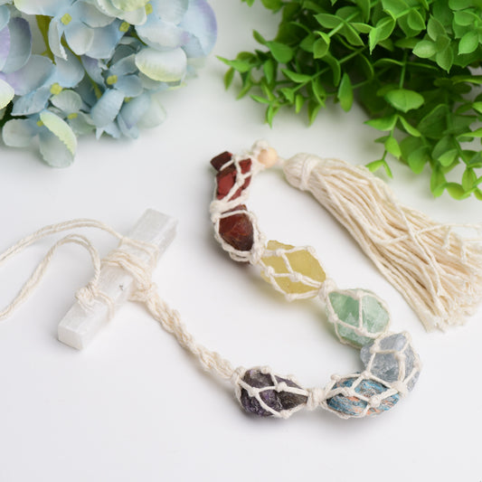 Chakra Raw Stone with Selenite Stick Crystal Hanging