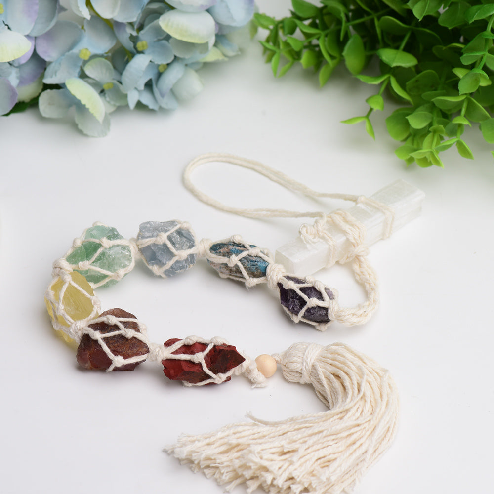 Chakra Raw Stone with Selenite Stick Crystal Hanging