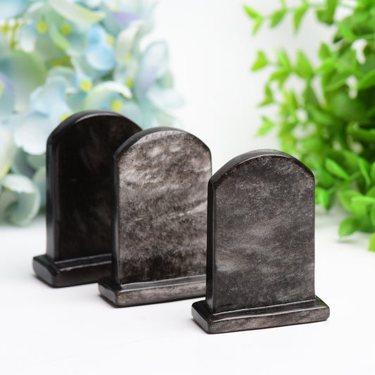 2.5" Silver Obsidian Tombstone Crystal Carving Halloween Decor Bulk Wholesale