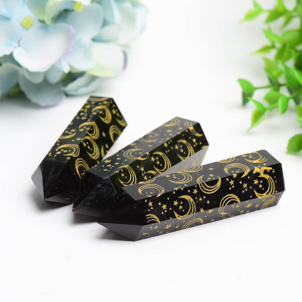 3.0"-3.5" Black Obsidian Crystal Point with Golden Moon Star Printing Crystal Healing Bulk Wholesale
