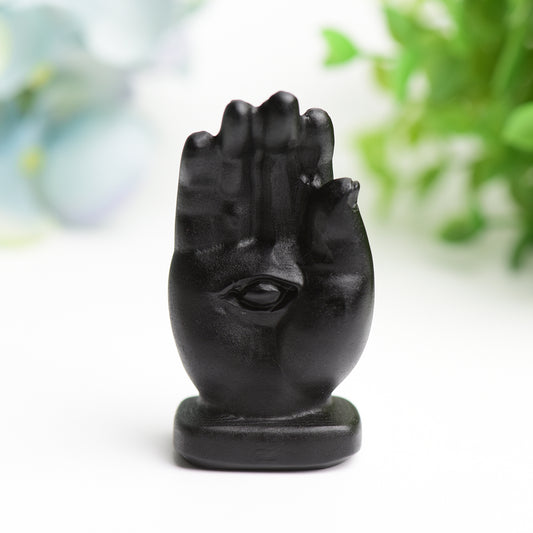 2.5" Black Obsidian Hand with Devil's Eye Crystal Carving Crystal Healing Bulk Wholesale