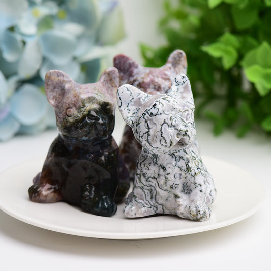 2.4" Moss Agate Bulldog Animal Crystal Carving