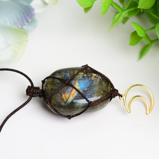 Rope Warrped Labradorite Stone Necklace with metal Moon Decor Bulk Wholesale