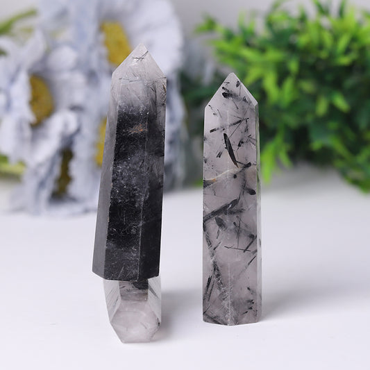 Natural Black Tourmaline in Quartz Points Healing Tower